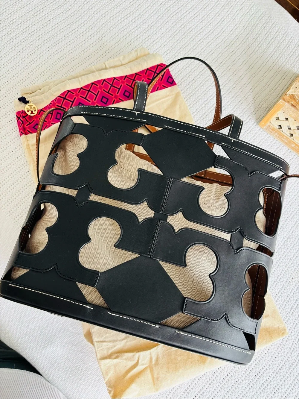 Tory Burch Cutout Logo Leather Tote Bag with Natural Canvas Interior